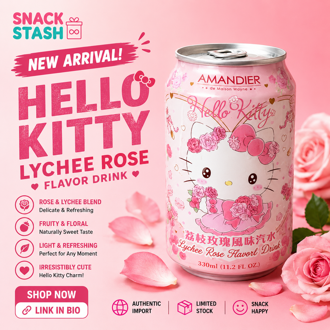 Hello Kitty Lychee Rose Flavored Drink β 330 mL