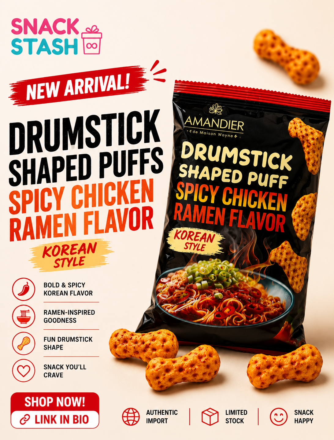 Drumstick Shaped Puffs – Spicy Chicken Ramen Flavor | Korean Style